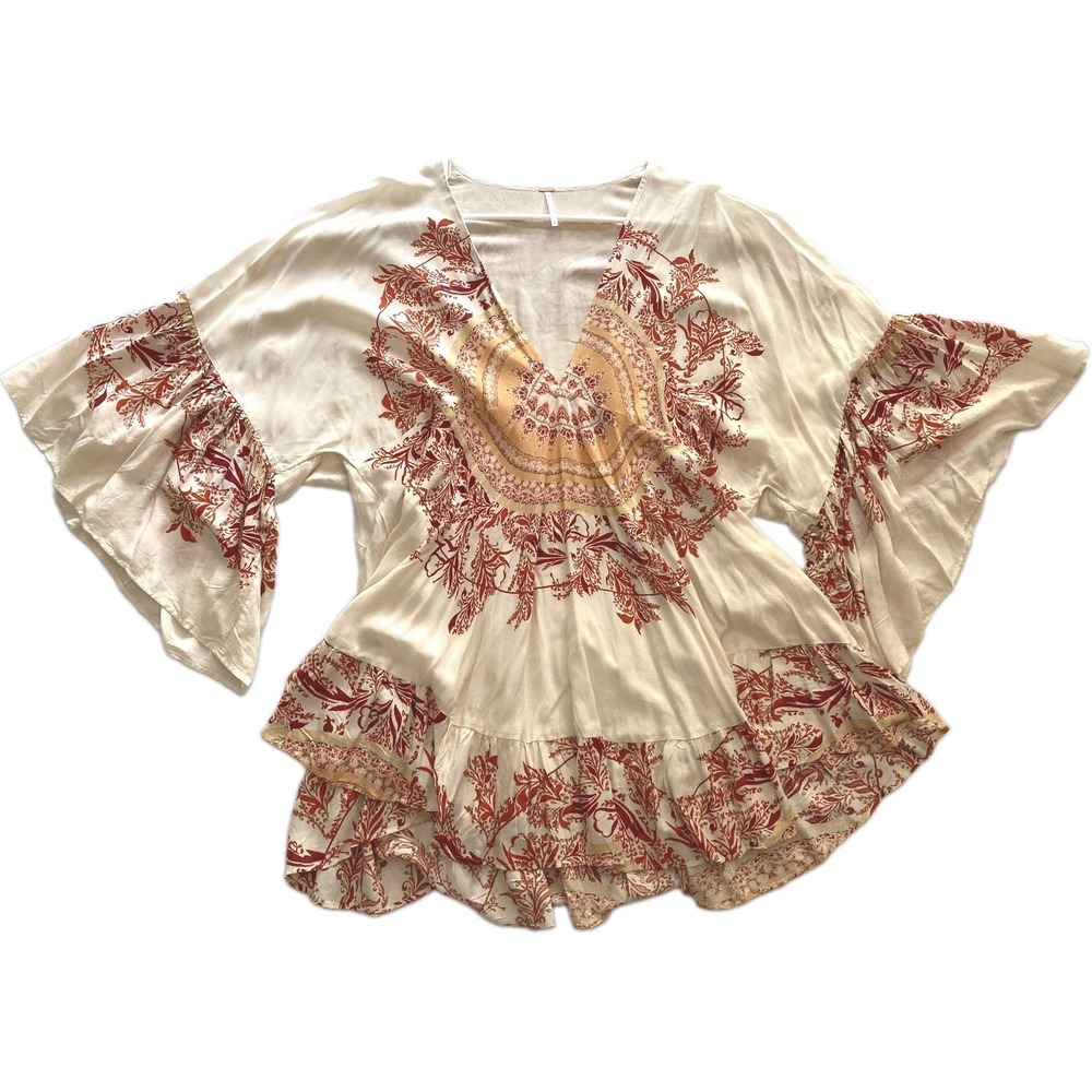 Free People Dress Womens L Sand Floral Kaftan Boho Ruffle Hem Tunic Kimono NWT